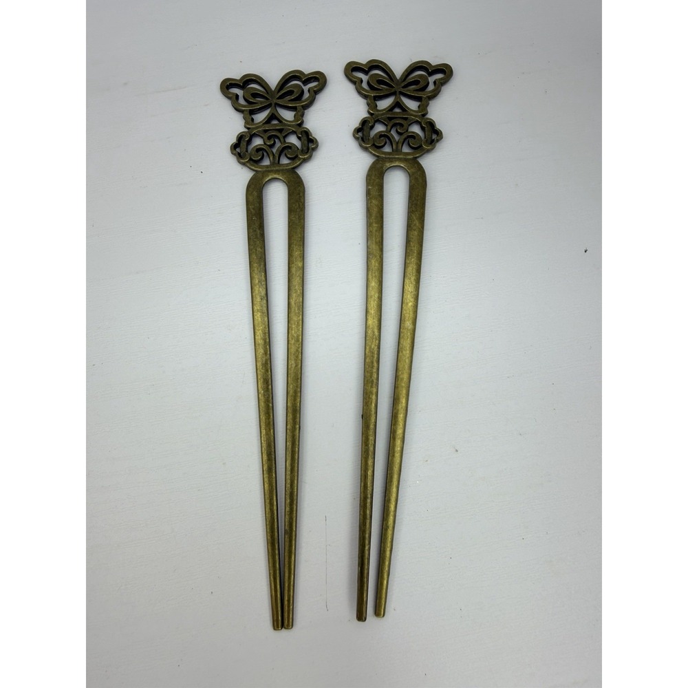 Vintage (2)Bronze Butterfly Hair Fork U-Pin Metal Hair Stick Updo Hair Accessory